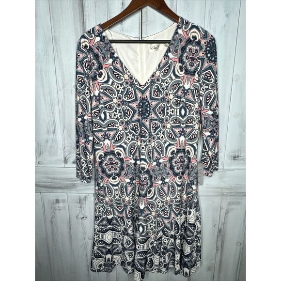 NWT ELIZA J BLUE PINK PAISLEY MOSAIC 3/4 SLEEVE STRETCH JERSEY SHIFT DRESS 14 - Picture 1 of 16